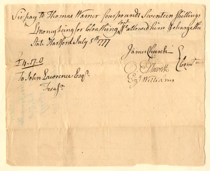 1777 dated Oliver Ellsworth signed Revolutionary War Pay Order - Connecticut Autograph Document